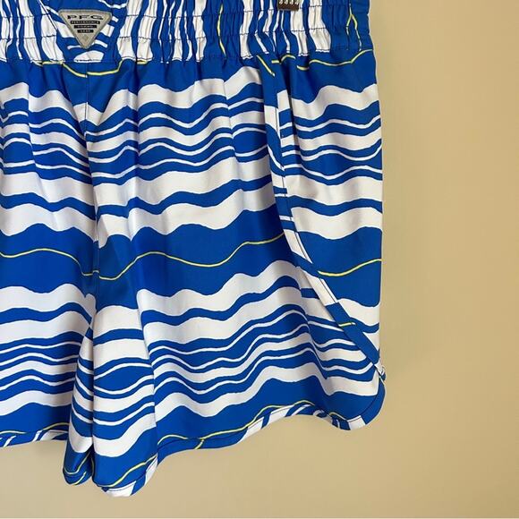 Columbia Blue/White/Yellow Wave Pattern Elastic Waist Unlined Shorts Size Large - Picture 8 of 10